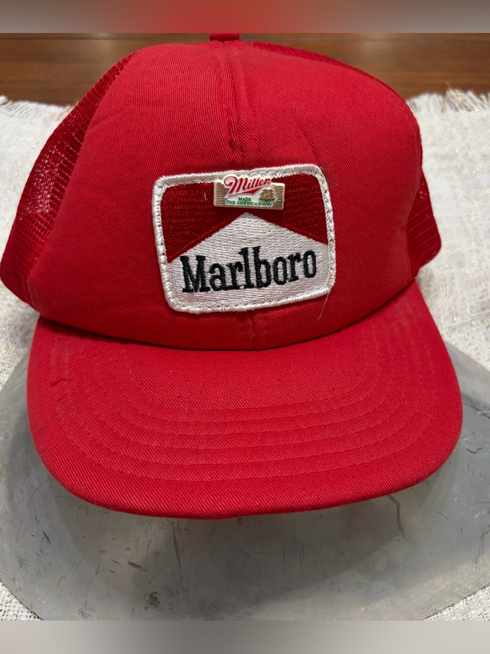 Marlboro Bright Red Patch Trucker Cap with vintage Miller pin